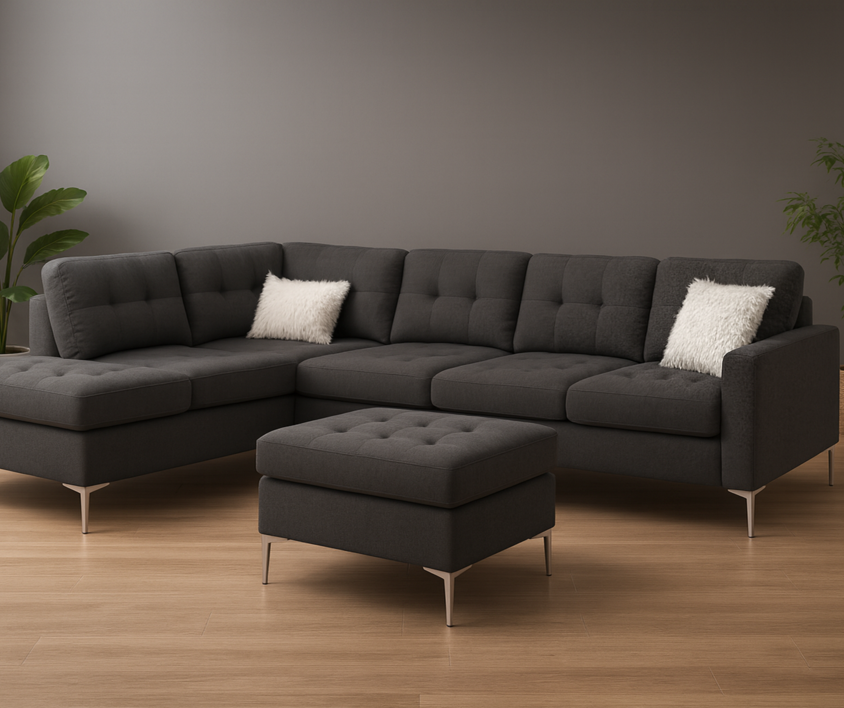 Lilly Hammer Fabric Family Sofa Metal Legs 6 Seater - Grey (Silver Legs)